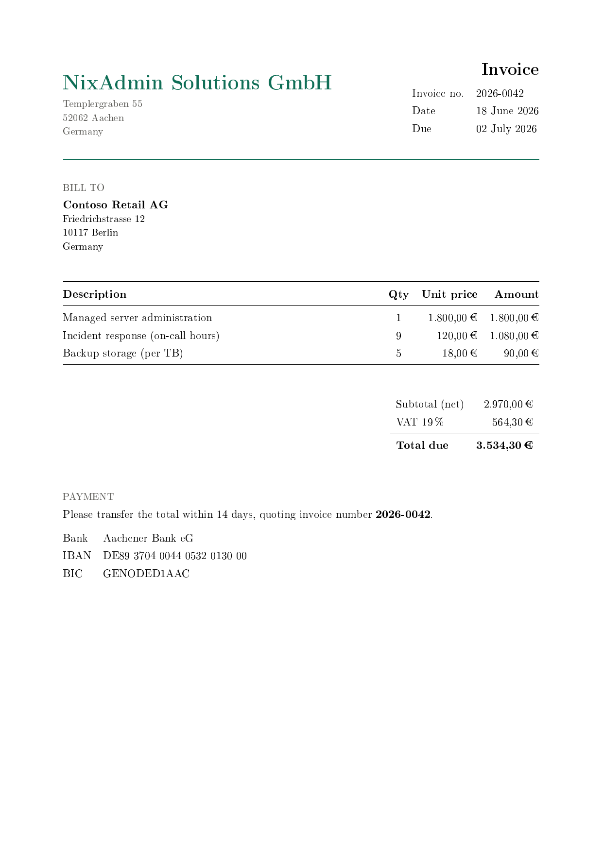 An invoice PDF typeset by the DocGen engine: letterhead, itemized table with rules, VAT summary, and payment details.
